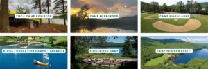 A collage of photos from all six camps showing sunsets, waterfronts, and fields