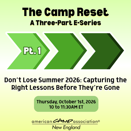 Image of The Camp Reset title with three green arrows pointing to the right below it in darkening shades of green. The first arrow shows Part 1 and the title of the session is below and reads "Don't Lose Summer 2026: Capturing the Right Lessons Before They're Gone." The workshop date sits below the title