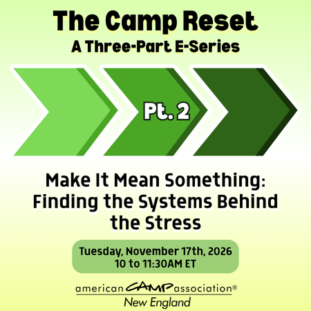 Image of The Camp Reset title with three green arrows pointing to the right below it in darkening shades of green. The first arrow shows Part 2 and the title of the session is below and reads "Make it Mean Something: Finding the Systems Behind the Stress." The workshop date sits below the title.