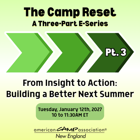 Image of The Camp Reset title with three green arrows pointing to the right below it in darkening shades of green. The first arrow shows Part 3 and the title of the session is below and reads "From Insight to Action: Building a Better Next Summer." The workshop date sits below the title.
