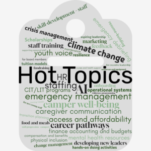 Clipboard image with Hot Topics in black lettering the middle and a variety of other words representing session ideas relevant to the summer camp community.